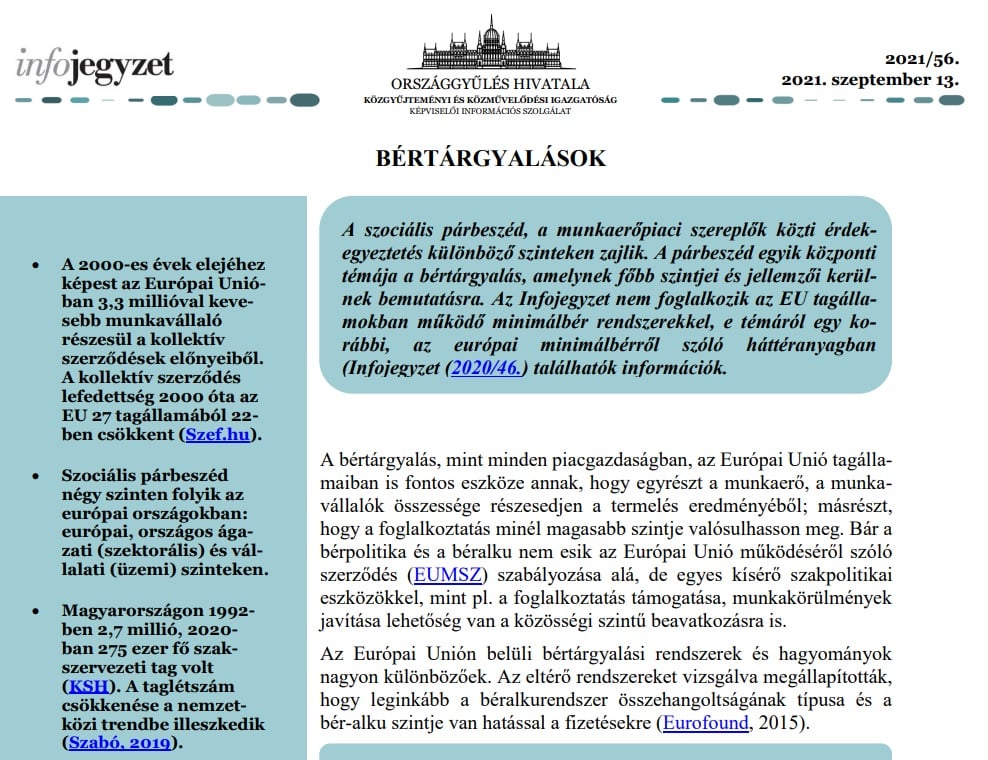 The Office of the Hungarian Parliament compiled a short information note on the topics of wage discussions and social dialogue which featured the research findings within the COLBAR-EUROPE project