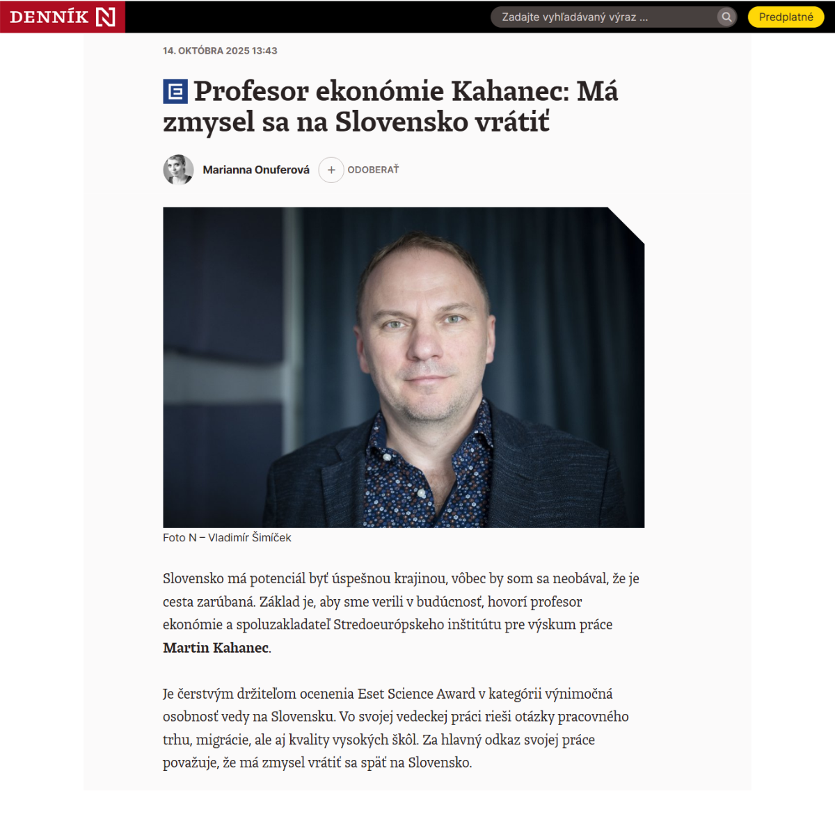 Denník N, Interview: Martin Kahanec on Slovakia’s Situation, Universities, and the Return of Talent