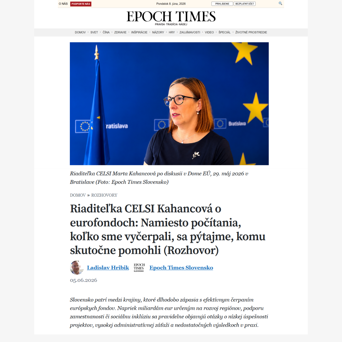 Kahancová in Epoch Times Slovakia on European funds: stop counting what we spent, start asking who it helped