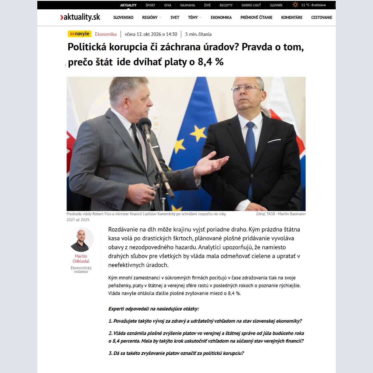 Martin Kahanec v Aktuality.sk o plošnom zvyšovaní platov vo verejnom sektore