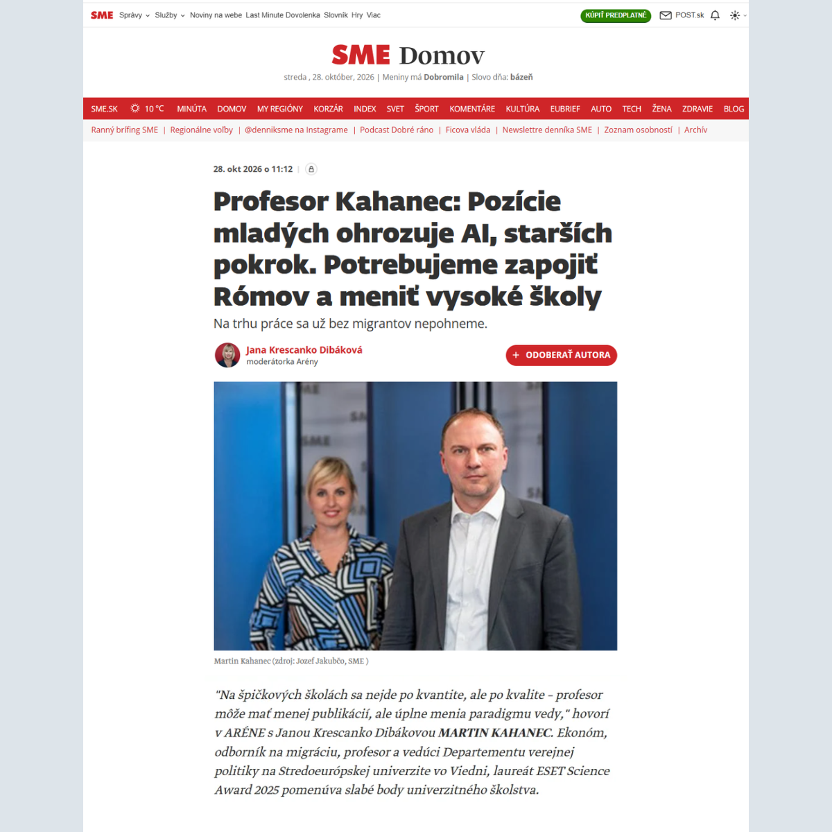 Martin Kahanec in an interview for SME’s ARÉNA on universities, AI and migration